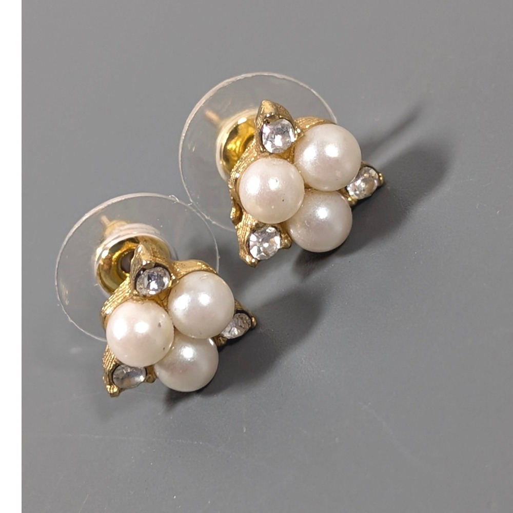 1928 Faux Pearl Rhinestone Cluster Stud Earrings Gold Tone Vintage Pierced